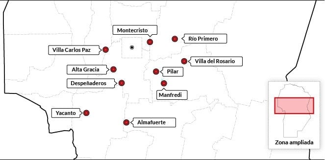 Ubicación de las antenas en la provincia de Córdoba.