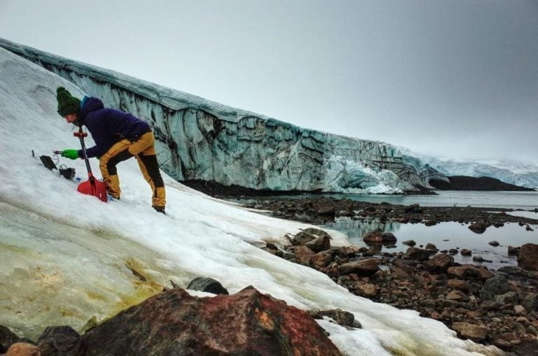 Matt Davey identificando las zonas de presencia de algas en la nieve.