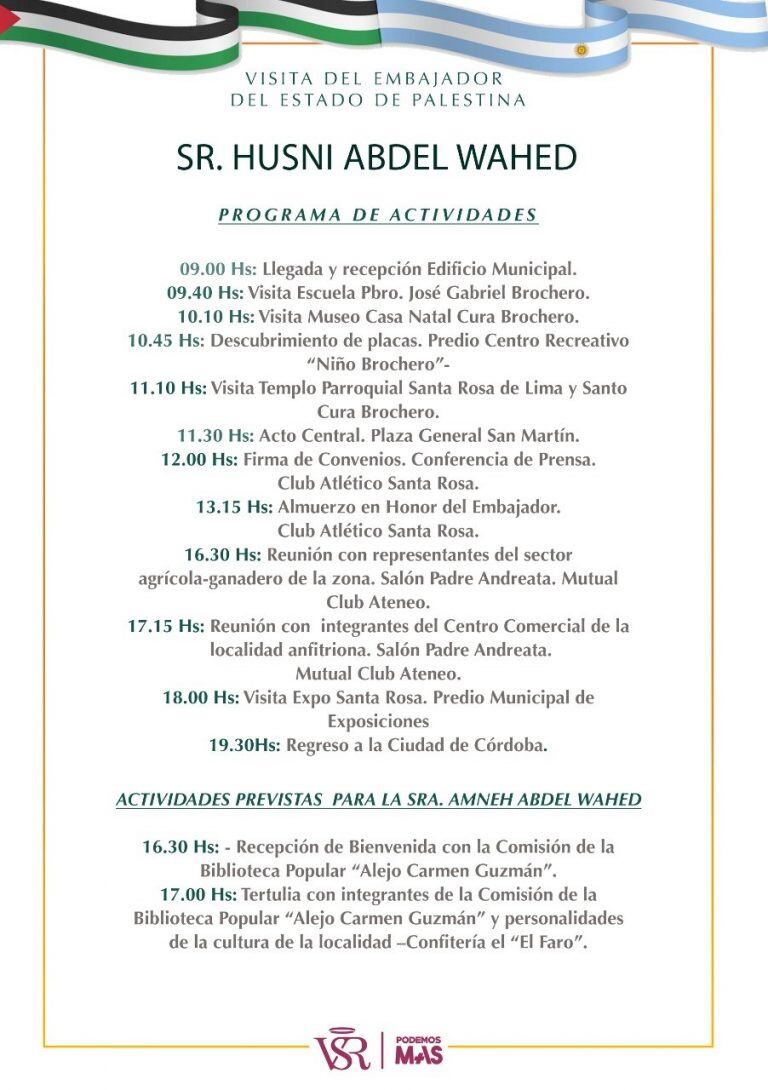 Actividades programadas para el Embajador de Palestina en Villa Santa Rosa