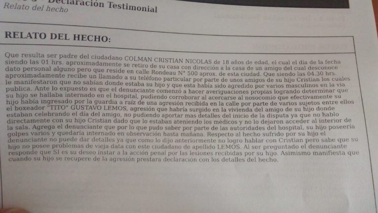 Denuncian a Gustavo "Tito" Lemos por una supuesta agresión a un joven.