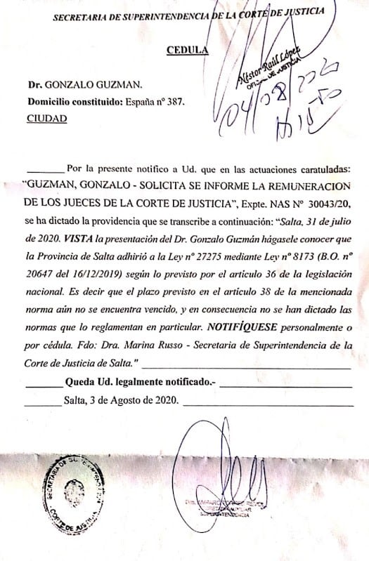 La respuesta del máximo tribunal de Salta. (Salta Transparente)