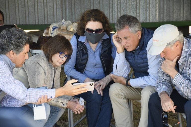 Los hermanos Etchevehere, junto a Patricia Bullrich y a Leonor Barbero, escuchan el fallo de la jueza Castagno, quien le ordenó a Dolores Etchevehere la "inmediata restitución" del campo tomado en Entre Ríos. (Clarín)