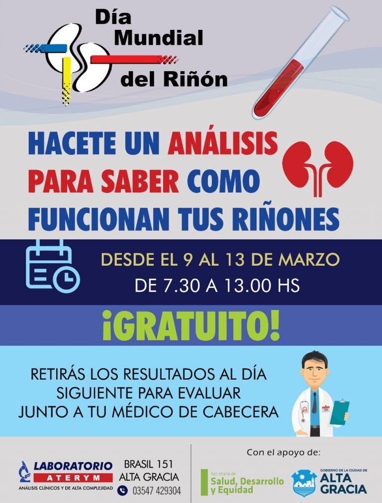 Día Mundial del Riñón: actividades en Alta Gracia.