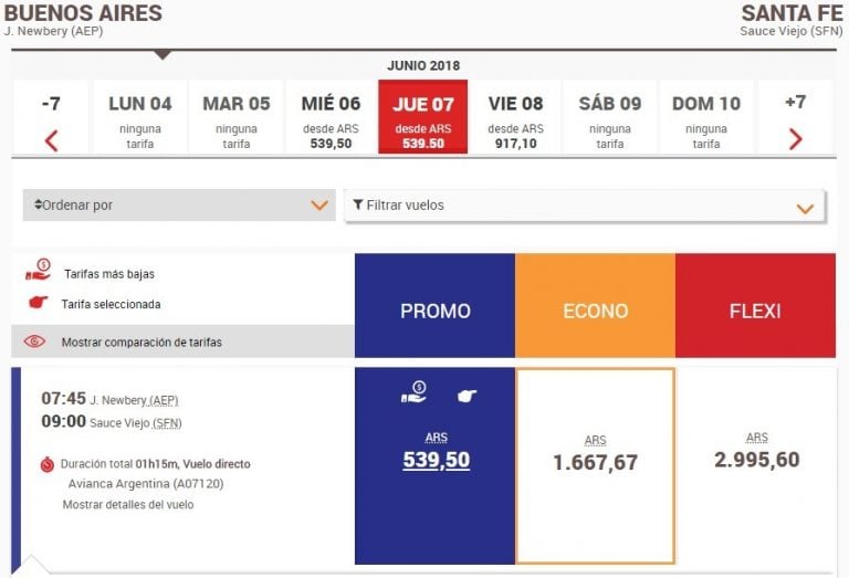 Desde junio se consiguen vuelos de Aeroparque a Santa Fe y viceversa por Avianca, por menos que lo que cuesta un pasaje de colectivo. (Captura de pantalla)