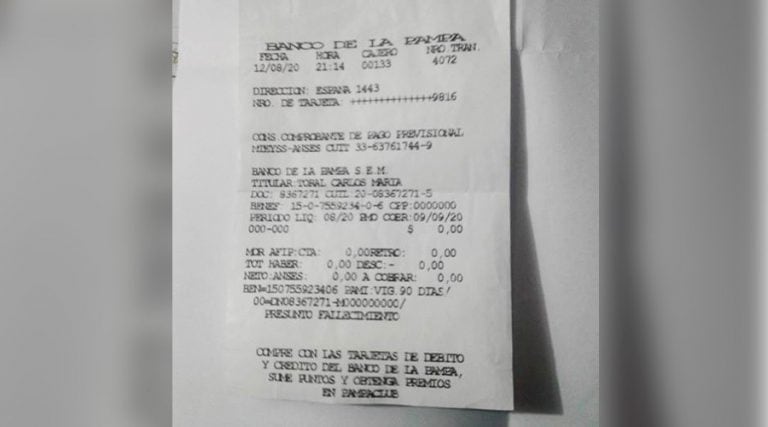 El ticket que emitió el cajero automático (Facebook)