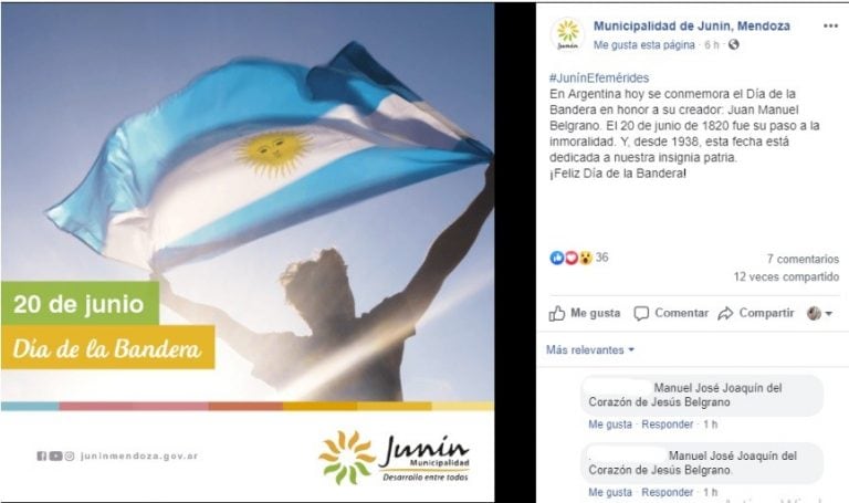 Uno de los posteos de la Municipalidad de Junín en las redes.