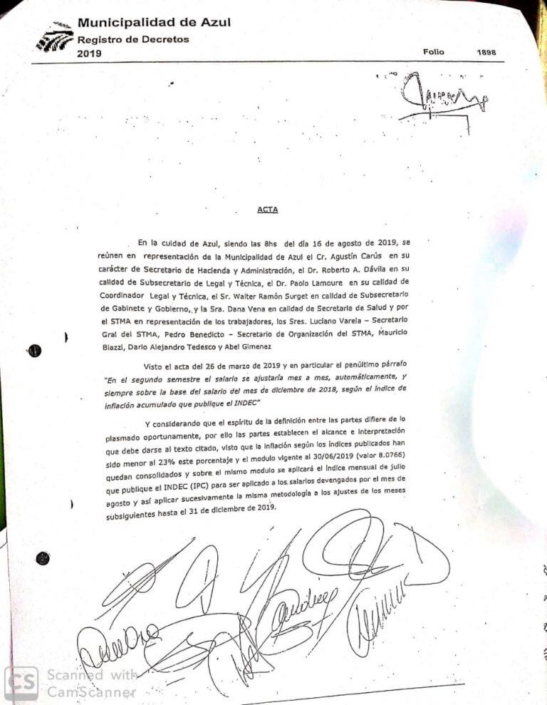 Acta en donde figura el acuerdo de traslado de inflación del INDEC a los sueldos.