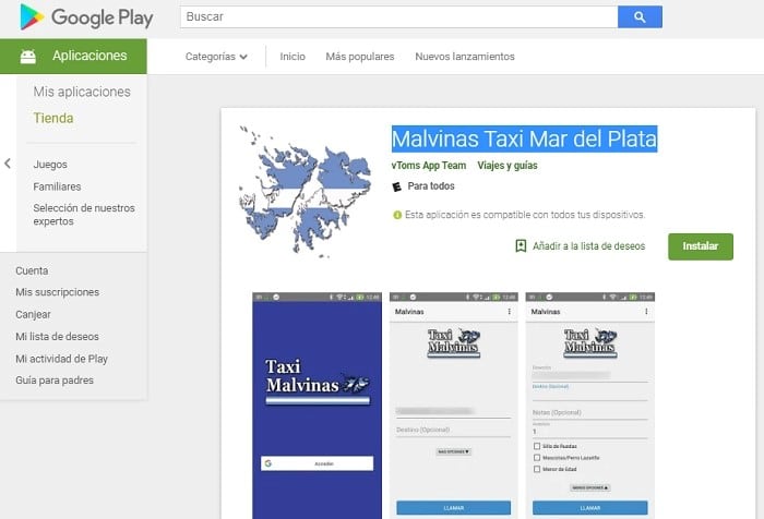 Aplicación de la cooperativa de taxis "Islas Malvinas"