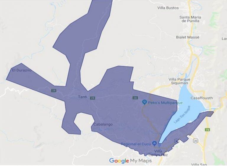 Mapa del área que abarca la restricción del servicio.