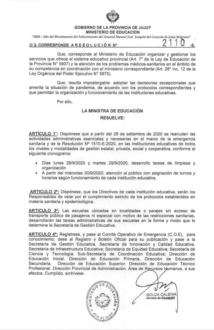 La parte dispositiva de la resolución ministerial N° 2.110.