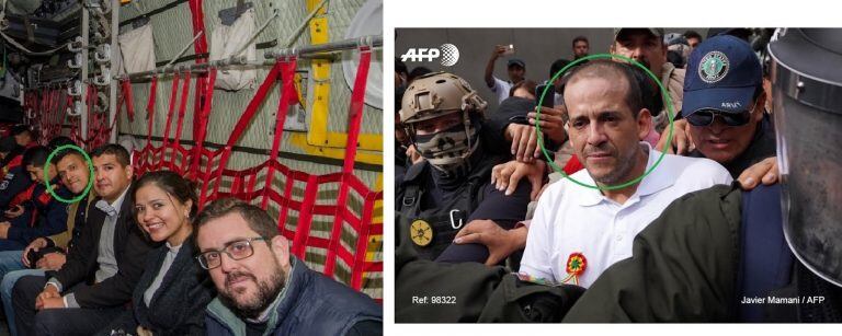 Montaje realizado el 21 de noviembre de 2019 con una foto del interior del avión enviada por Prensa del Gobierno de Jujuy (izquierda) y una foto de Luis Fernando Camacho.