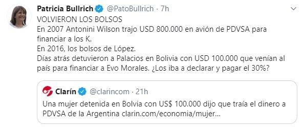 Para Bullrich, "volvieron los bolsos", tras la detención de una mujer con dólares sin declarar. (Twitter @PatoBullrich)