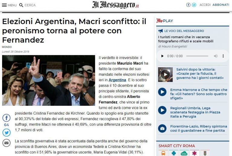 Il Messaggero: "Elecciones Argentinas, Macri derrotado: el peronismo vuelve al poder con Fernández".