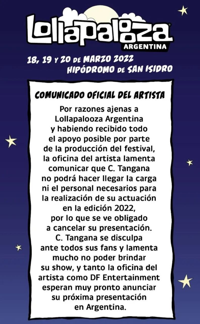 El comunicado del Lollapalooza por la baja de C. Tangana