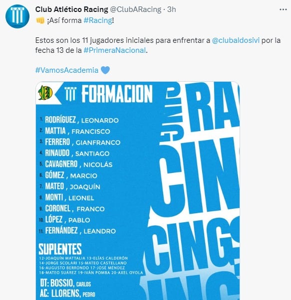 La formación de Racing, que sufrió su segunda derrota consecutiva como visitante.