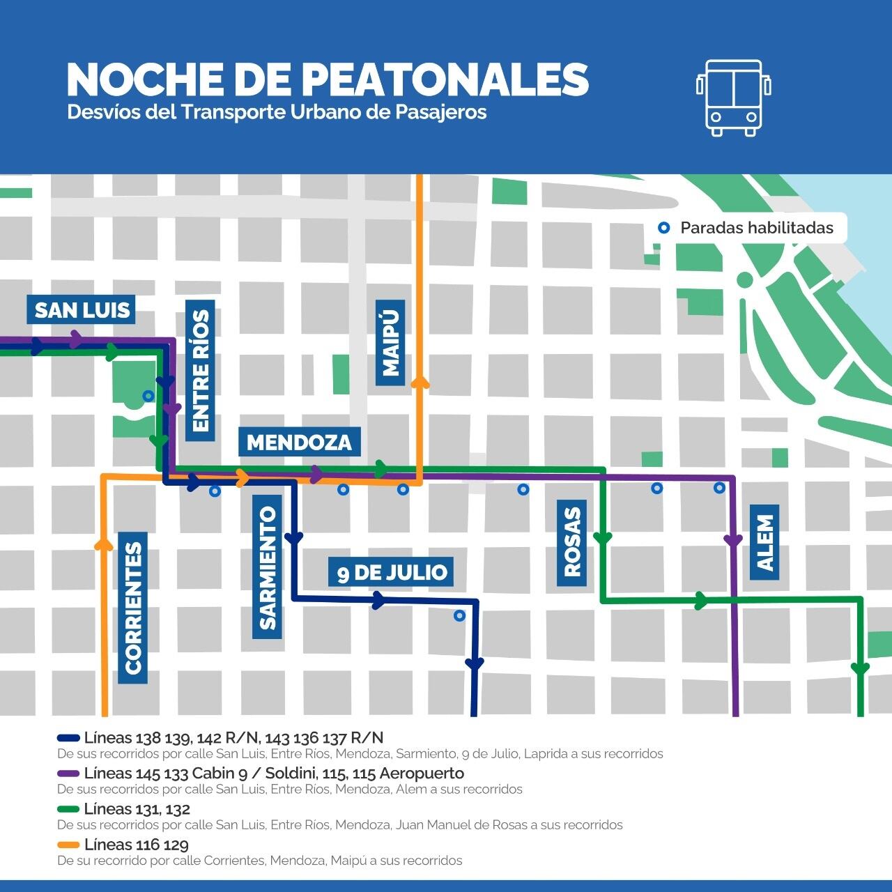 Desvíos de colectivos por la Noche de las Peatonales