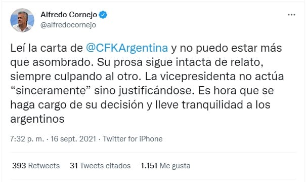 El tweet del ex gobernador.