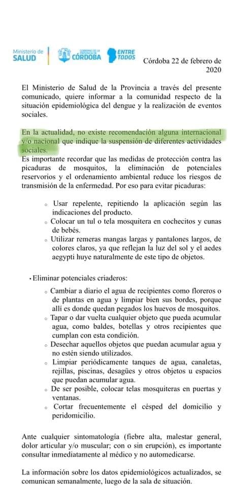 Dengue: comunicado del Ministerio de Salud de la Provincia de Córdoba