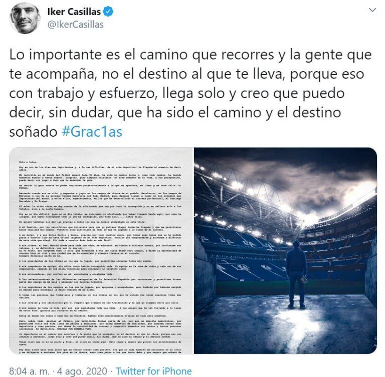 Iker Casillas anunció su retiro del fútbol: "Ha llegado el momento de decir adiós" (Foto: captura Twitter)