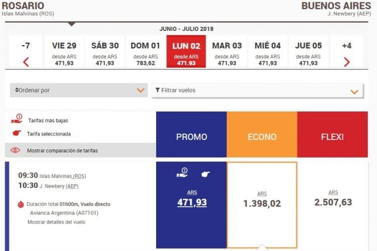 Ofertas en vuelos de Rosario a Aeroparque. (Avianca)