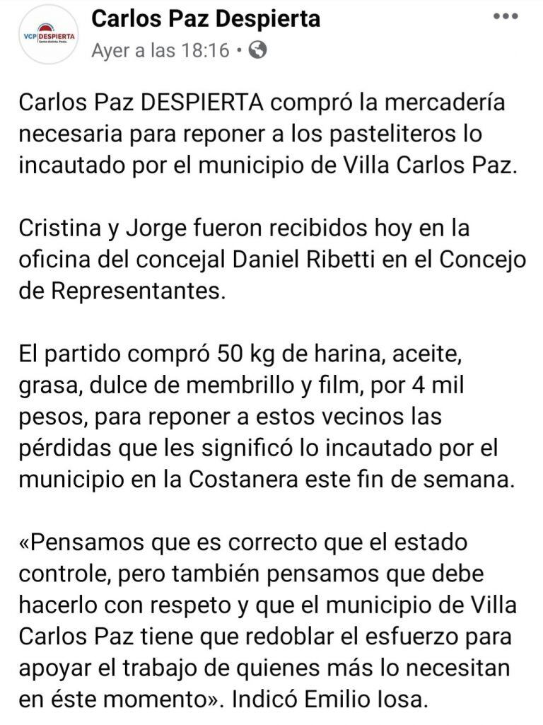 Publicación difundida por "Carlos Paz Despierta".