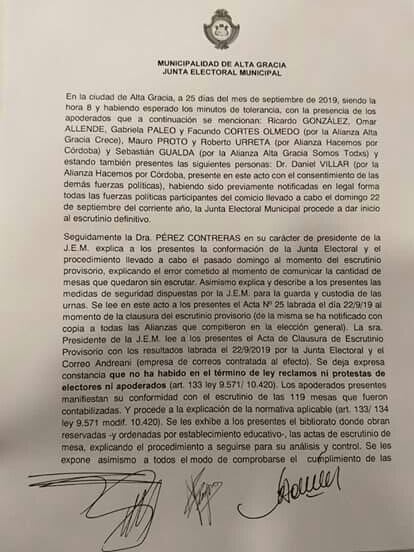 Alta Gracia: Acta Oficial del escrutinio definitivo.