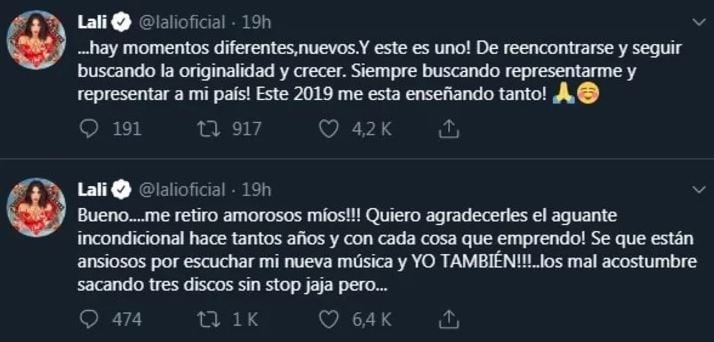 Los tuits de Lali que preocuparon a sus fans (Foto: captura Twitter)