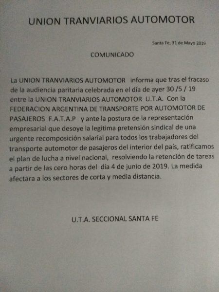 La UTA confirmó  un paro en colectivos para el interior