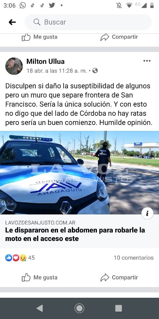 Publicaciones en su red social del Jefe de la Policia de Arroyito