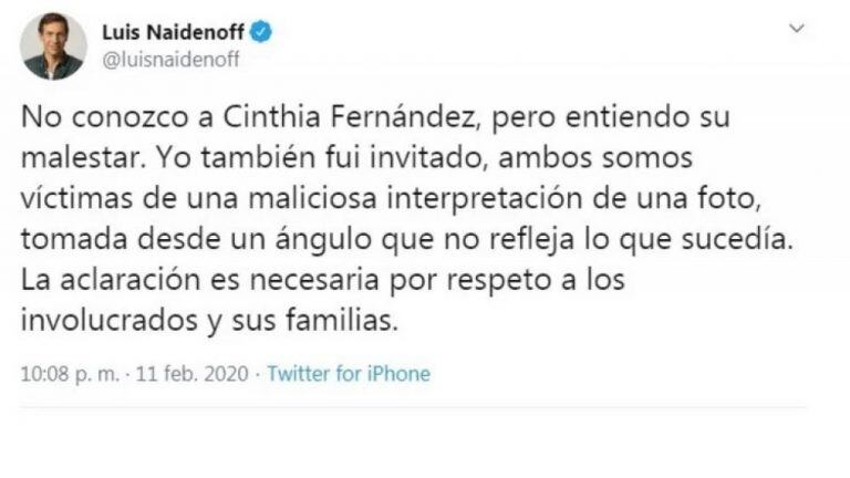 Twitter del Senador Naidenoff donde aclaró la supuesta foto.