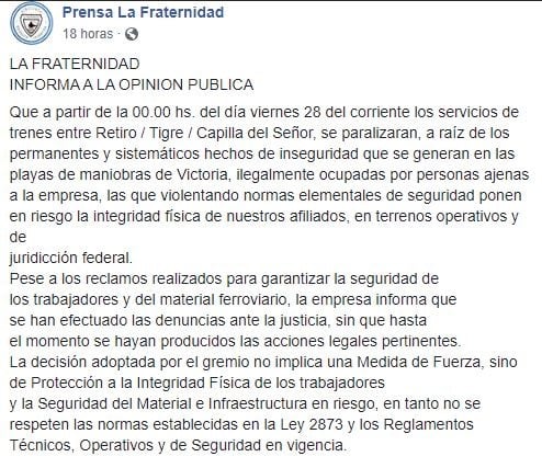 Comunicado de La Fraternidad. (Facebook)