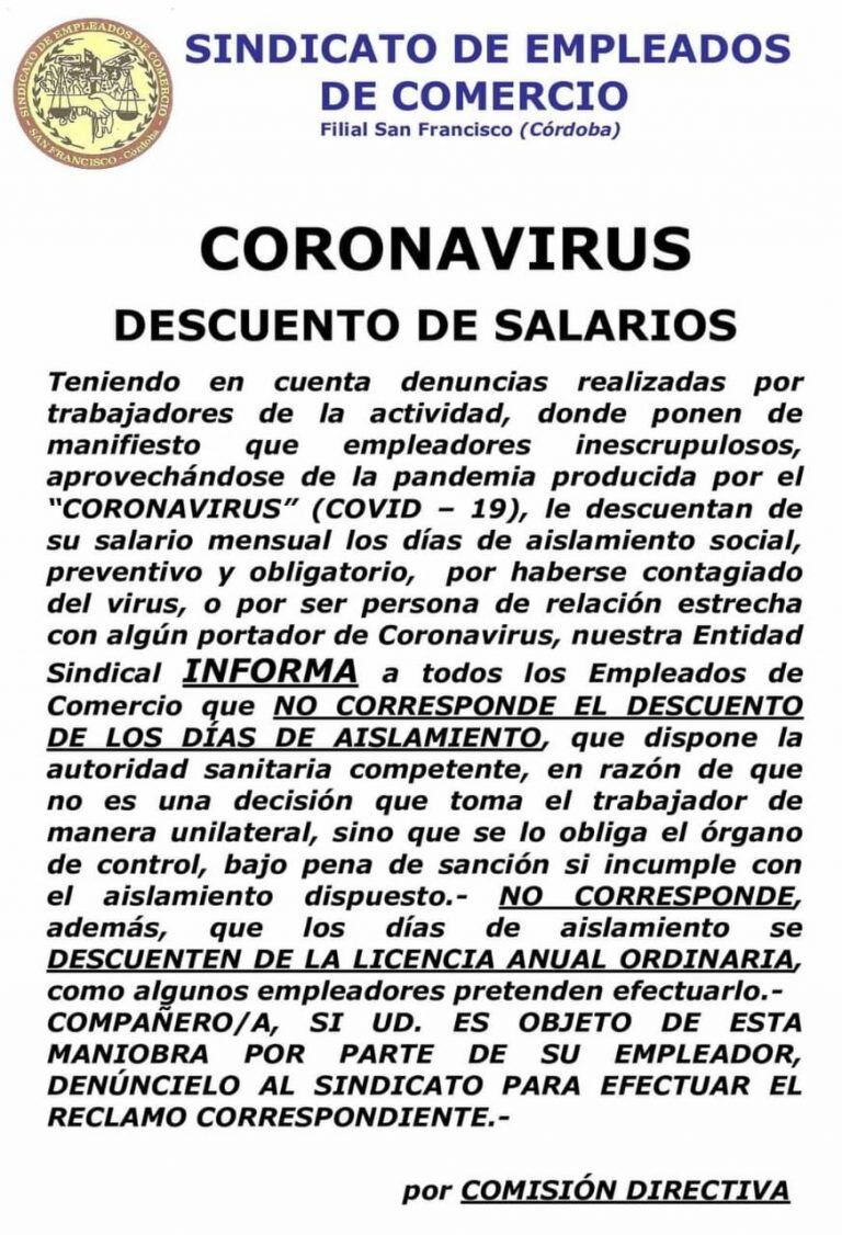 Comunicado de Empleados de Comercio