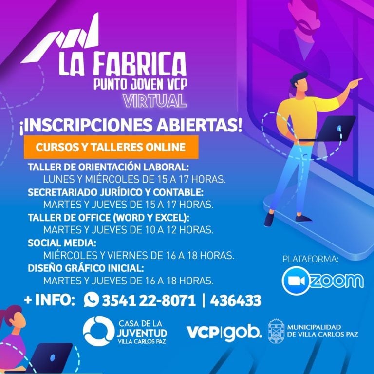 Se abren las inscripciones para los nuevos cursos virtuales de oficios gratuitos dados desde la Fábrica Punto Joven de Carlos Paz.