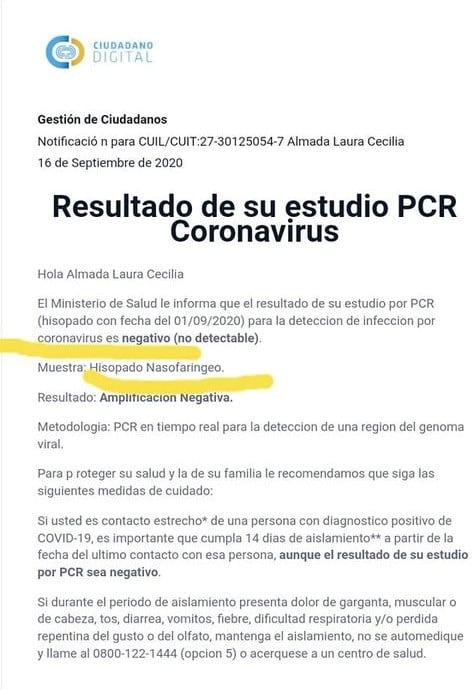 Cecilia Almada de Arroyito recibió el resultado del test de Covid 10 que nunca se hizo