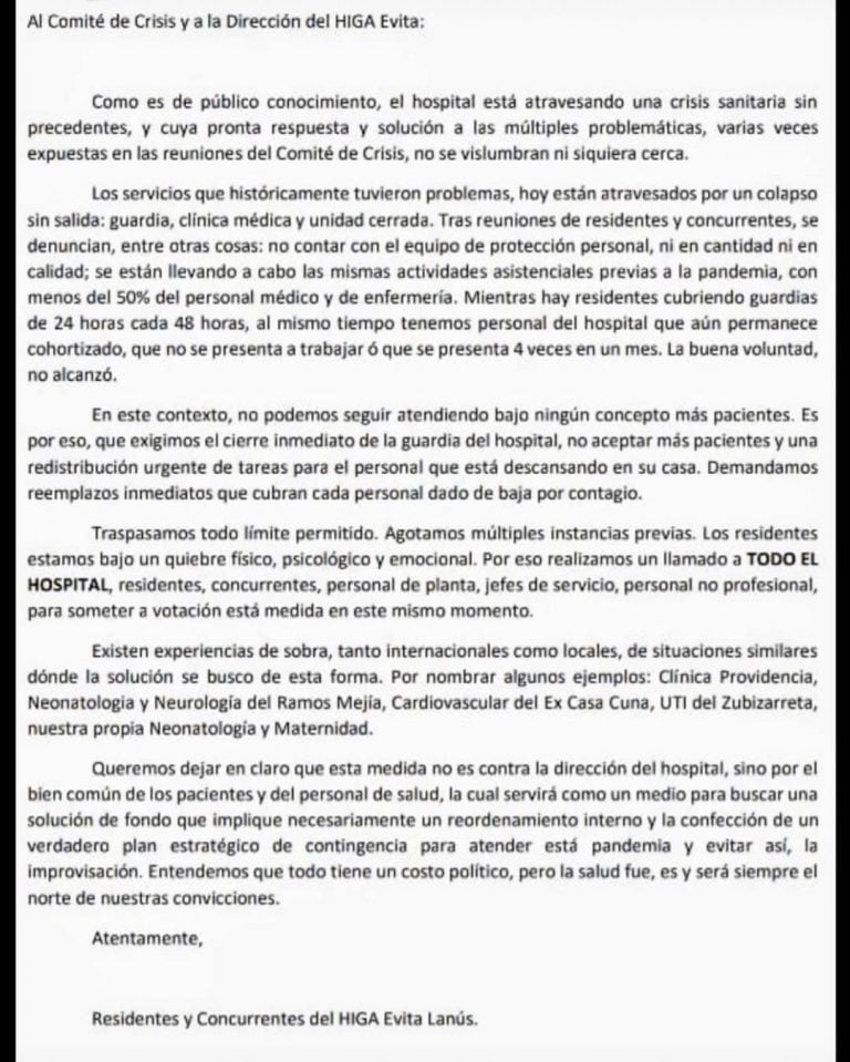 El comunicado de los médicos del Hospital Evita (Instagram)