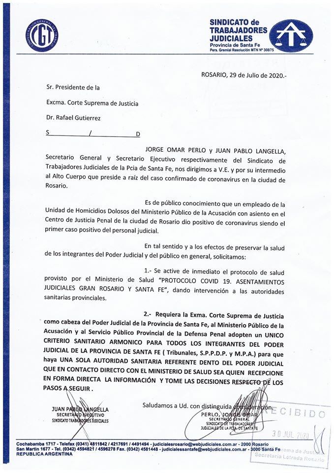 Nota de Judiciales a la Corte Suprema de Justicia