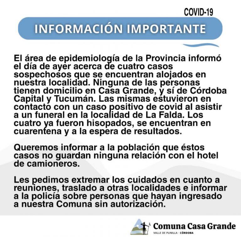 Comunicado emitido y difundido por la Comuna de Casa Grande.