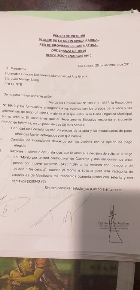 Alta Gracia: Pedido de informe sobre la obra de red domiciliaria de Gas.