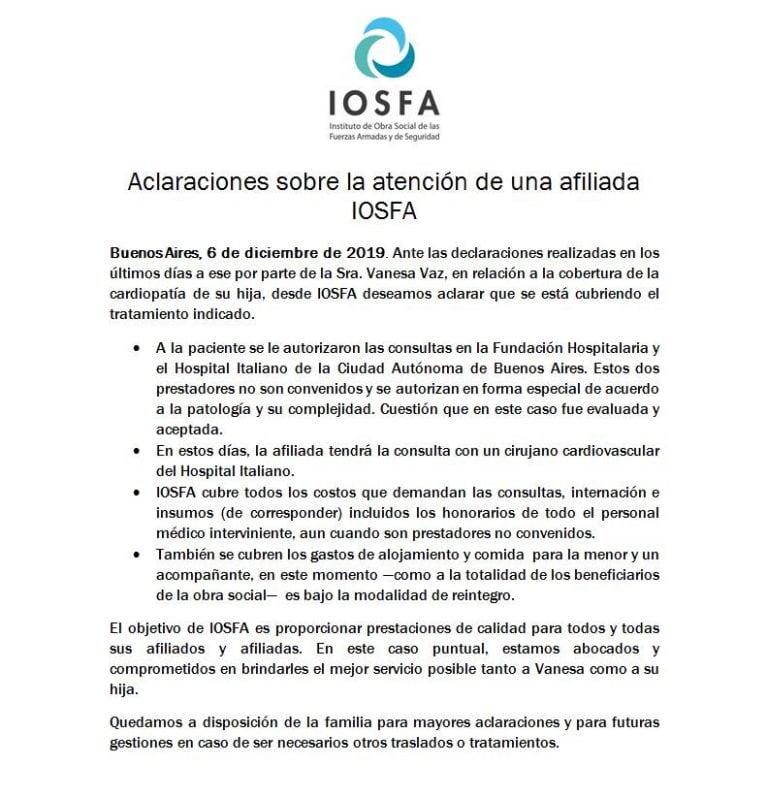 Comunicado de IOSFA sobre la situación con Vanesa Vaz