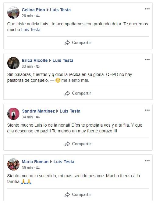 Mensajes en el muro de Facebook de Luis Testa.