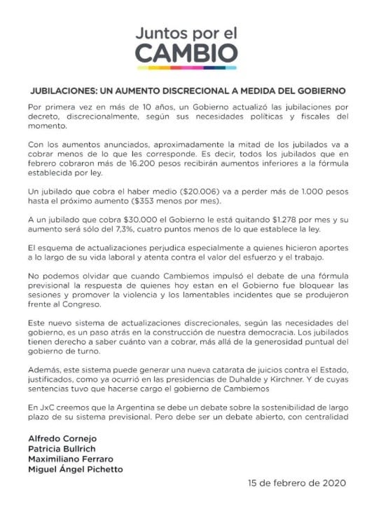 El comunicado de Juntos por el Cambio sobre la movilidad jubilatoria (15/02/2020).