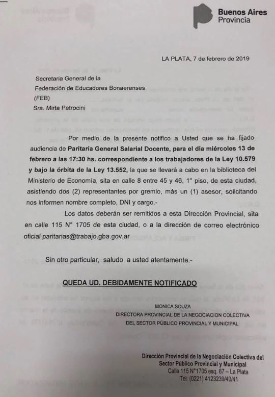 Vidal convocó a los docentes a la primera reunión paritaria del año.