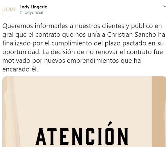 El segundo comunicado de la empresa fue publicado al día siguiente. (@lodyoficial)