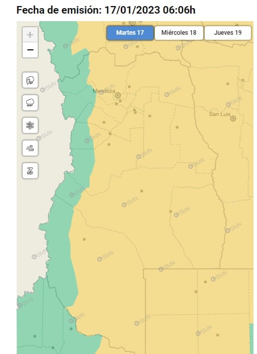 Alerta amarilla por tormentas en Mendoza (17/01/23) / SMN