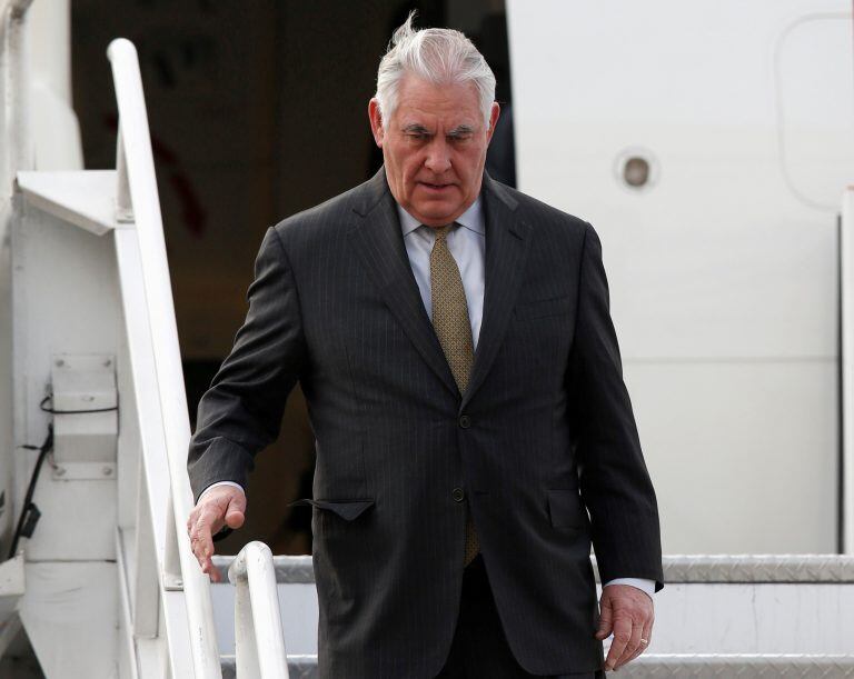 U.S. Secretary of State Rex Tillerson steps off his plane as he arrives to the presidential hangar in Mexico City, Mexico February 1, 2018. REUTERS/Henry Romero