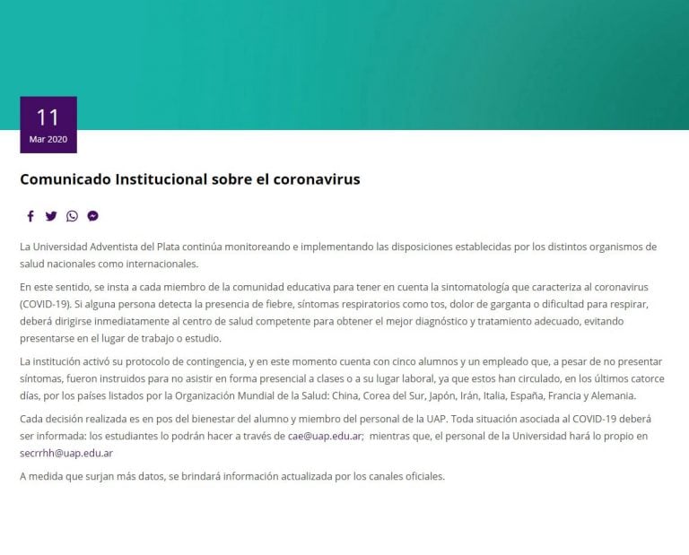 Comunicado sobre Coronavirus UAP