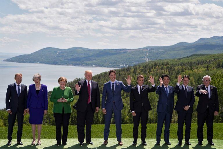 Donald Tusk, Theresa May, Angela Merkel, Donald Trump, Justin Trudeau, Emmanuel Macron, Shinzo Abe, Giuseppe Conte y Jean Claude Juncker.