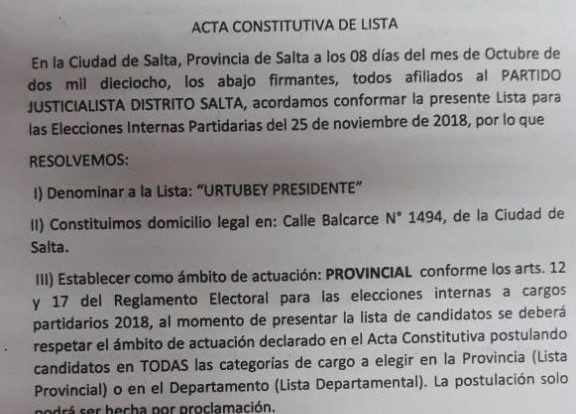 La lista "Urtubey Presidente". (Web)