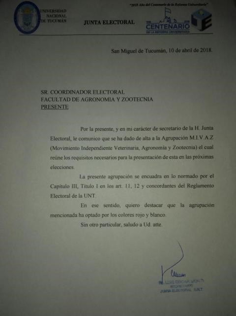 Esta es la primera acta que recibió la agrupación, en la cual le daban permiso para participar de las elecciones.