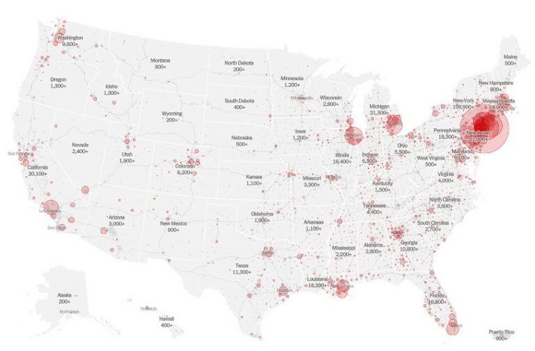 Los casos en EE. UU. según estado. El más afectado: Nueva York. (New York Times)